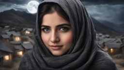 Hyper Realistic close-up-photographic-view of Beautiful-Happy-Pashto Girl covering her face with grey-shawl with beautiful eyes wearing-black-dress standing outside village-houses giving-bold-expressions on mountain-top at night with cloudy-moonlight showing dramatic & cinematic ambiance