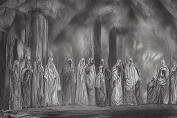 Council of cloaked people gatherd around a fire inside a temple, Dark atmosphere