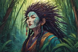 full color front facing portrait of a spirit possessed female shaman with highly detailed hair and facial features, trekking through haunted mountain bamboo forest, pierced by shafts of early evening light , art in the style of spirited away, studio ghibli, 8k , finely detailed and precise line work