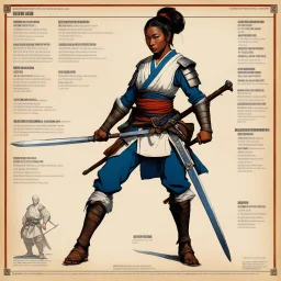 character concept sheet with AD&D statistics and characteristics, [high res photo by Norman Rockwell for Bushido] a female medieval warrior adopt a position close to the Japanese Mahami No Nekoashi Dachi (Kokutso Dachi), moving to squat with legs bent, stretching out his arms, one forward with his sword, the other backward, so that the lower part of his body with the folds of his combat robe resembles a fan turned downward