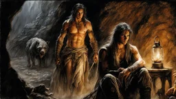 Hyper-photorealistic watercolor art style by Luis Royo, A dark cave lit only by oil lamps, a stone altar, animal skins, a young man and a girl, hyperdetailed face, full body diagonal shot, encounters male bandits in dark fantasy countryside setting, absence of mysterious elements, dramatic lighting, ultrafine detail, octane rendering., darkness world