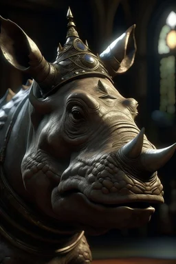 a rhino's head and crown. dramatic lighting, matte painting, highly detailed, cgsociety, hyperrealistic, --no dof, --ar 2:1