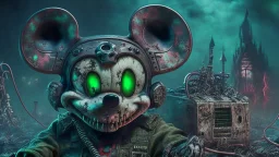 zombie mickey mouse hybrid, photorealism, movie screen capture, horror, sci-fi, retrofuturism,