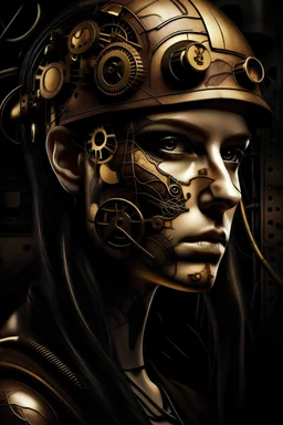 Woman face in background, Steampunk, graffiti, 2D, symbolic, symbols, full page , dual tone, battle damage , rust, old , iron tube, Iron sheets , Tube , pipeline , wire , dark, iron, gold,