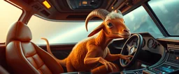 a space sheep in a cockpit with no hair or wool, and orange lizard like skin, running crazy like a dino