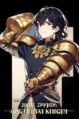 A handsome 30 year old knight, black hair, dark blue eyes, wavy haircut, in black-and-gold plate armor, no beard, european, portrait