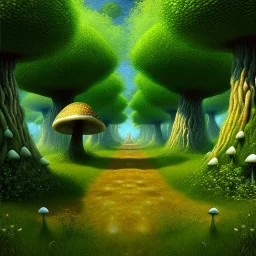 A great big mushroom forest with a stone path going through it, LOTR, Van gogh Style