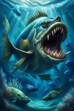 Fantasy art, gargantuan ocean fish god, entity of water, intimidating presence, underwater, in the style of World of Warcraft