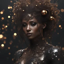 PAPERCUT 3d photo realistic portrait of young woman, dark fantasy, beautiful, dark eyes, dark make up, shiny streaks of paint, paint blobs and smears, shiny baubles, textured, ornate, shiny molten metalics, wild hair, high definition, octane render, 64k, 3d