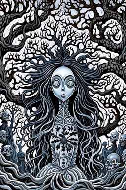 A painting depicting a surreal ghostly woman with ghostly white skin in Tim Burton style, high details, surrounded by various strange mystic trees. Her eyes are close open, and her is long messy dark hair. she holding a black heart, adding a unique surreal and sinister style to the artwork, etheral, weird plants, otherworldly, dark mood