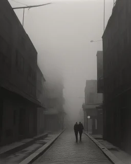 Dark street life creepy fog colours strong texture hgt nightmare 8k artistic Photography volumetric light, kpt Yves Tanguy Max Ernst splop