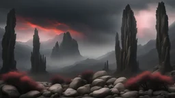 горы, мрачный скальный пейзаж, на переднем фоне кипарисы тянутся вверх, на заднем скалы и кровавое небо