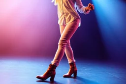 fullbody of beautiful lady closeup shot in nice pants and shirt pretty boots dancing in stage