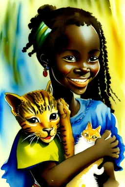 A cute smiling african girl is holding a kitten. Watercolour