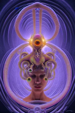 Spiritual being with Tentacles over human Head creating reality around, wrapping Spiral around Human, Psychedelic