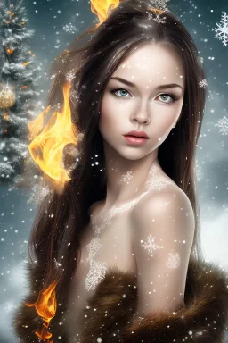 portrait young lady with big bobs black hairs Christmas in the snow and fire