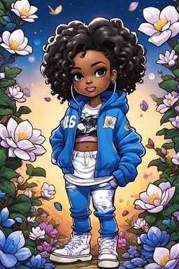 Create an colorful psychedelic comic book illustration of a chibi cartoon black female thick curvy wearing a cut of blue and white hoodie and white jeans and timberland boots. Prominent make up with long lashes and hazel eyes. Highly detailed shiny sister locs. Background of a large blue and white magnolia flowers all around her