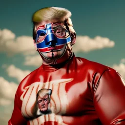 Realistic image of Donald trump wrestler, Mexican wrestling style, Mexican eyes wrestling mask, red and blue breeches, suspenders, retro style, 80s, vibrant color, highly detailed, sky background, concept art, unreal engine 5, god rays, ray tracing, RTX, lumen lighting, ultra detail, volumetric lighting, 3d, finely drawn, high definition, high resolution.