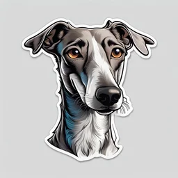 Clean white background, print ready vector t-shirt design, illustration a cute single greyhound head, cute funny face, sticker, professional vector, high detail, sharp focus, studio photo, intricate details, highly detailed, ultra hd, realistic, vivid colors, highly detailed , 8k