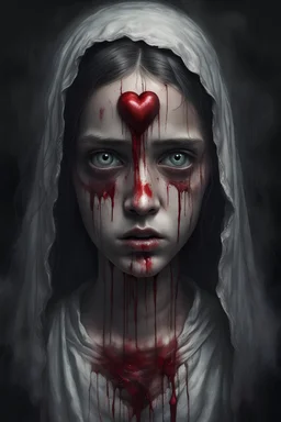 A horror digital realism portrait of a saint blind girl with gloomy eyes and bleeding her soul out pain pain pain lost and broken heart mind over matter dark dark art