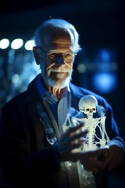 portrait of flashy transparent old man scientist showing of his glowing skeleton, zeiss prime lens, bokeh like f/0.8, tilt-shift lens 8k, high detail, smooth render, down-light, unreal engine, prize winning