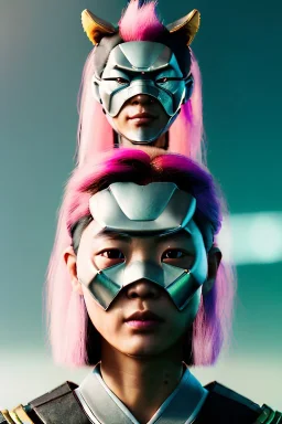 portrait, Asian cyborg woman, samurai warrior :: symmetry photography, cyberpunk style, pink hair, wires conveying, perfect eyes, samurai helmet, tiger mask, black samurai army, katana, japanese traditional ornaments, pink, white, black, glow eyes, cinematic, Ultra realistic, dark scene, soft color, highly detailed, unreal engine 5, RTX, ultra detail, 3d, finely drawn, high definition.