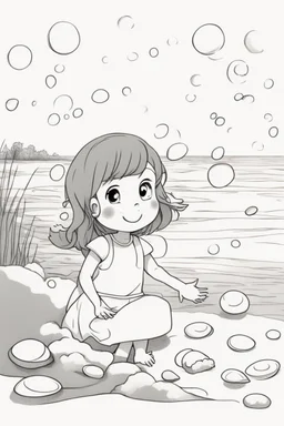 A little girl playing by the seashore, surrounded by oval-shaped seashells and bubbles. Use ovals for the seashells, bubbles, and the sun setting over the ocean.,very happy , Colloring page for todlliers ; basic hawali style cartoon , black and white , ink outlines , , smooth , anime style , minimalist , cute eyes , full body , white shose , sketchbook , realistic sketch , free lines , on paper , character sheet , clean line art high detailed