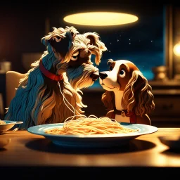 the lady and the tramp eating spaghetti, cinematic, epic glowing galaxy background, deep depth of field, 3D, constellation map, 16k resolution photorealistic, bokeh, a masterpiece by Alberto Seveso, breathtaking intricate details, realistic and lifelike cgi diorama, dramatic natural lighting, reflective catchlights, high quality CGI VFX fine art