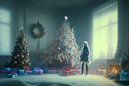 Ghost of a dead girl visit her parents in Christmas night"parents see the Ghost of their dead daughter",Christmas gift fireplace,Christmas night, Christmas tree,gifts, christian decoration 8k resolution concept art by Greg Rutkowski dynamic lighting hyperdetailed intricately detailed Splash art trending on Artstation triadic colors Unreal Engine 5 volumetric lighting Alphonse Mucha WLOP Jordan Grimmer orange and teal"