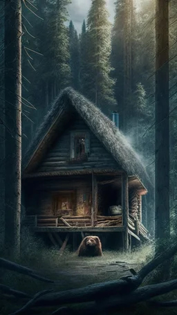 Cabin in the woods, bear, movie scene, more accurate picture hdr