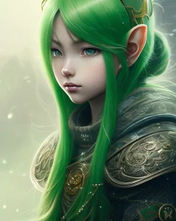 Detailed anime child elf girl, green hair, black and green dragon scale armour, intricate details, full body portrait, keep head in frame, slight smile, black Japanese motif, concept art, highly detailed, digital painting, concept art, sharp focus, illustration, art by Yoji Shinkawa, WLOP and greg rutkowski and alphonse mucha and artgerm and yanjun Chen and Junji ito and Makoto Shinkai, HDR, octane render