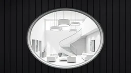 The image depicts an artistic rendering of a modern interior space viewed through an oval window. Detailed Description Objects: The interior features geometric patterns and textures, notably a spiraling staircase and various circular lighting fixtures. The furniture appears minimalistic, emphasizing open space and clean lines. Architecture: The wall where the oval window is located has dark, vertical paneling, contrasting with the lighter tones of the interior visible through the window. Atmosp