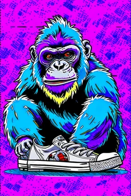 a profile picture of a small gorilla sitting in a purple Converse sneaker, like it's a car, comic style