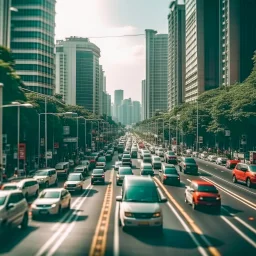 traffic jam in beautiful city with tall buildings