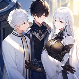 Girl with white hair wearing white robes. Boy with black hair wearing leather armor