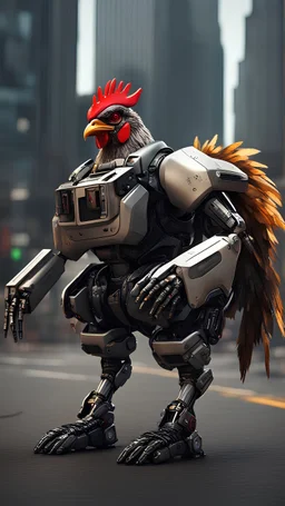 CHICKEN robot, sci-fi, cyberpunk, full body, ultra realistic, virtual reality, cyberpunk city and colors