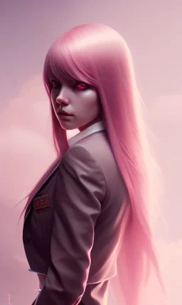 girl, cute, beautiful, pink hair, brown eyes, long hair, bangs, knife in hand, blood on face, by Greg Rutkowski, big boobs, blazer, yandere