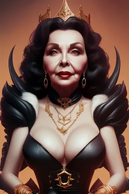 Joan Collins as evil queen in black leather, leather, busty, cleavage, angry, stern look. character design by cory loftis, fenghua zhong, ryohei hase, ismail inceoglu and ruan jia. unreal engine 5, artistic lighting, highly detailed, photorealistic, fantasy