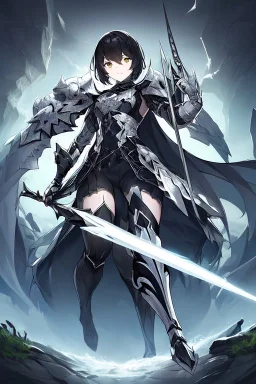 Anime girl with short black hair and sharp green eyes holding a menacing spear, black and white metal armour, full body shot, Dark lighting