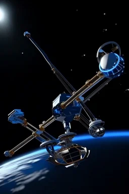 In a sci-fi starry sky background, a slender space flexible robotic arm is located on the satellite in the frame.