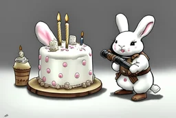 Cute white bunny is having a birthday cake with hand grenades. Highly detailed, smooth colours, realistic landscape. Aquarell