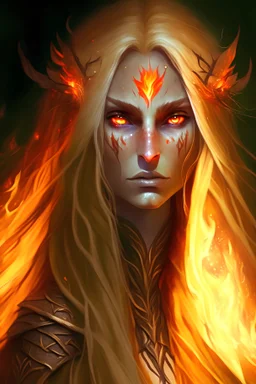 Female eladrin druid with fire abilities. Fire textured long golden hair. Tanned skin. Big red eyes with touch of fire . Has one big scar on the face and over the chest.