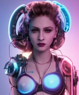 Artist, young madonna, android woman, glow iris, piercings, sweet, punk hair, blonde, white skin, long eyeliner, glow pink cheeks, glossy lips, color leds lights, cables, circuits, cyberpunk, latex coat, cyber punk, neon, portrait, studio photo, unreal engine 5, soft color, 16 bit, god lights, ray tracing, RTX, lumen lighting, ultra deatail, volumetric lighting, 3d, finely drawn, hd.