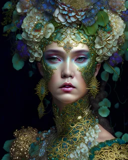 Beautiful young faced woman adorned with garden. Pándy flower rcoco venetian metallic filigree decadent samanism garden pasi rhinesstone covered floral headress ornated woman portrait wearing venetian face masque and floral filigree embossed dress voidcore decadent organic bio spinal ribbed detail of ribbed mineral stones extremely detailed hyperrealistic maximálist concept art rococo portrait art