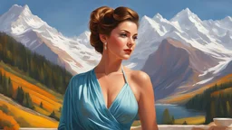 Picture of a posing woman, photorealistic painting, digital art, Vladimir Volegov, mountains, art portrait by Martin Ansin, beautiful woman