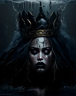 queen of darkness drowning in bottom sea with a crown and many jewels in water, queen with her back, hair hiding face