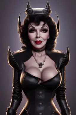 Joan Collins as evil queen in black leather, leather, busty, cleavage, angry, stern look. character design by cory loftis, fenghua zhong, ryohei hase, ismail inceoglu and ruan jia. unreal engine 5, artistic lighting, highly detailed, photorealistic, fantasy