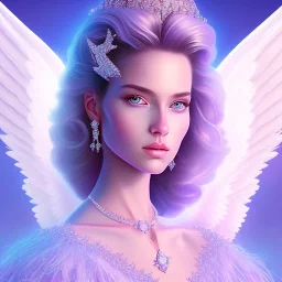 portrait of a beautiful woman with an angel face, pink and blue dress, jewels, soft light aura