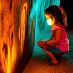 A dirty native American girl in a cave doing wall paintings with glowing lights