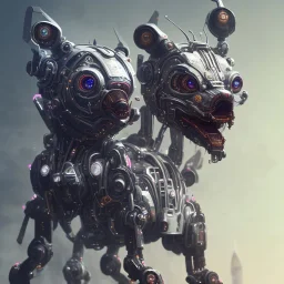 a beautiful full frame portrait digital painting of futuristic dogpunk robot, wide angle view, close-up, macro lens, centered camera, titanium accents, intricate details, small minutiae, tiny features, particulars, colorful, 8k, least ambient occlusion, volumetric lighting, volumetric clouds